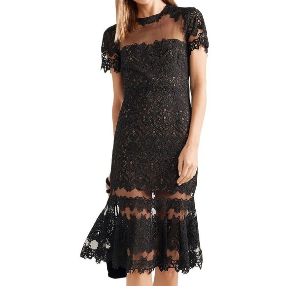 Jonathan Simkhai Fluted Guipure Lace and Tulle Midi Dress in Black Size 4 NWT - Picture 1 of 5
